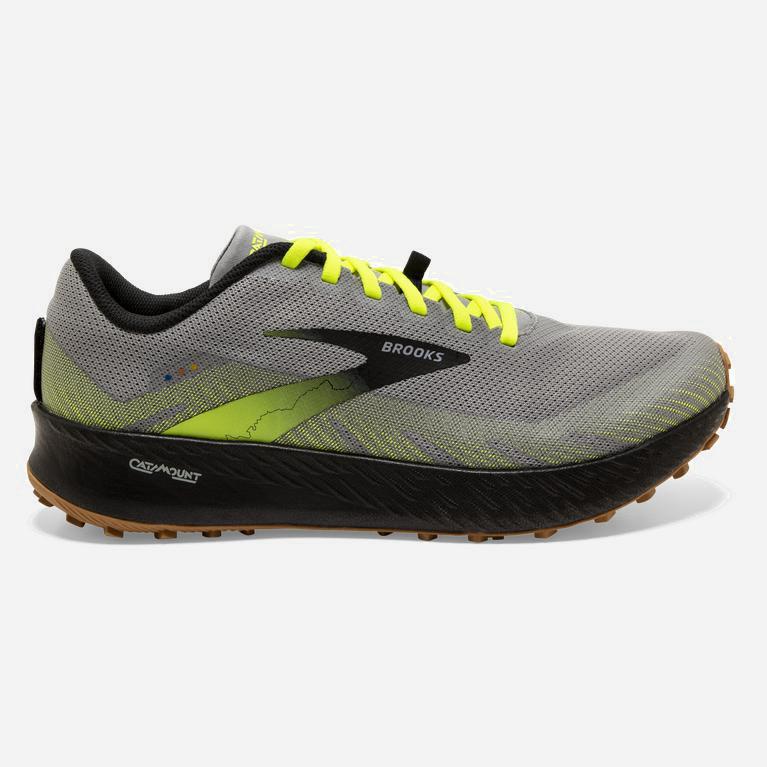 Brooks Catamount NZ - Men's Trail Running Shoes - Grey/Nightlife/Black/GreenYellow (43725-JHVP)